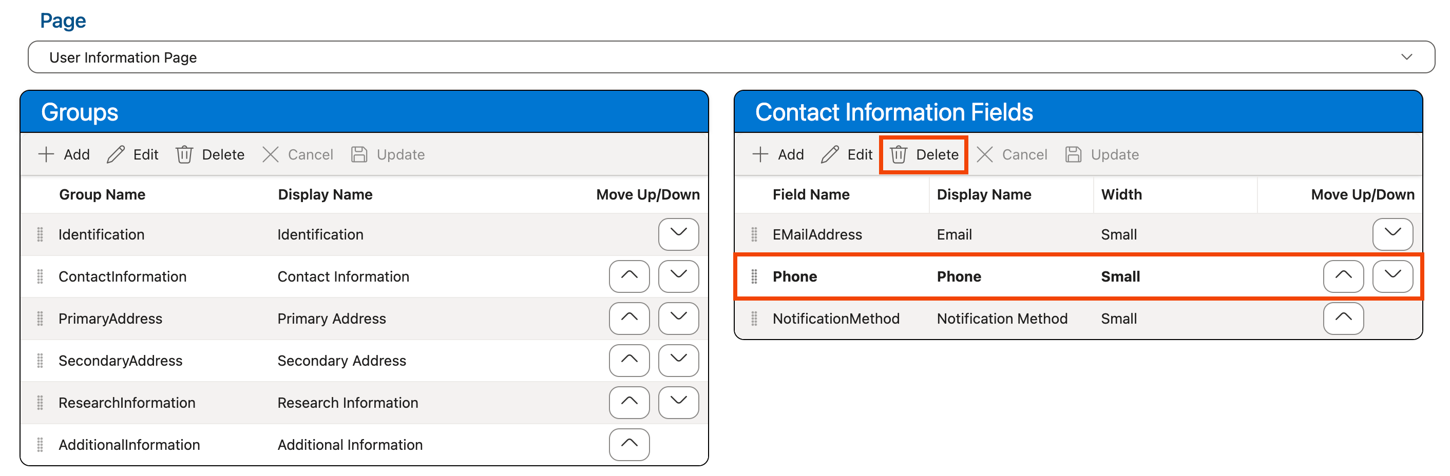 Delete button in Fields grid